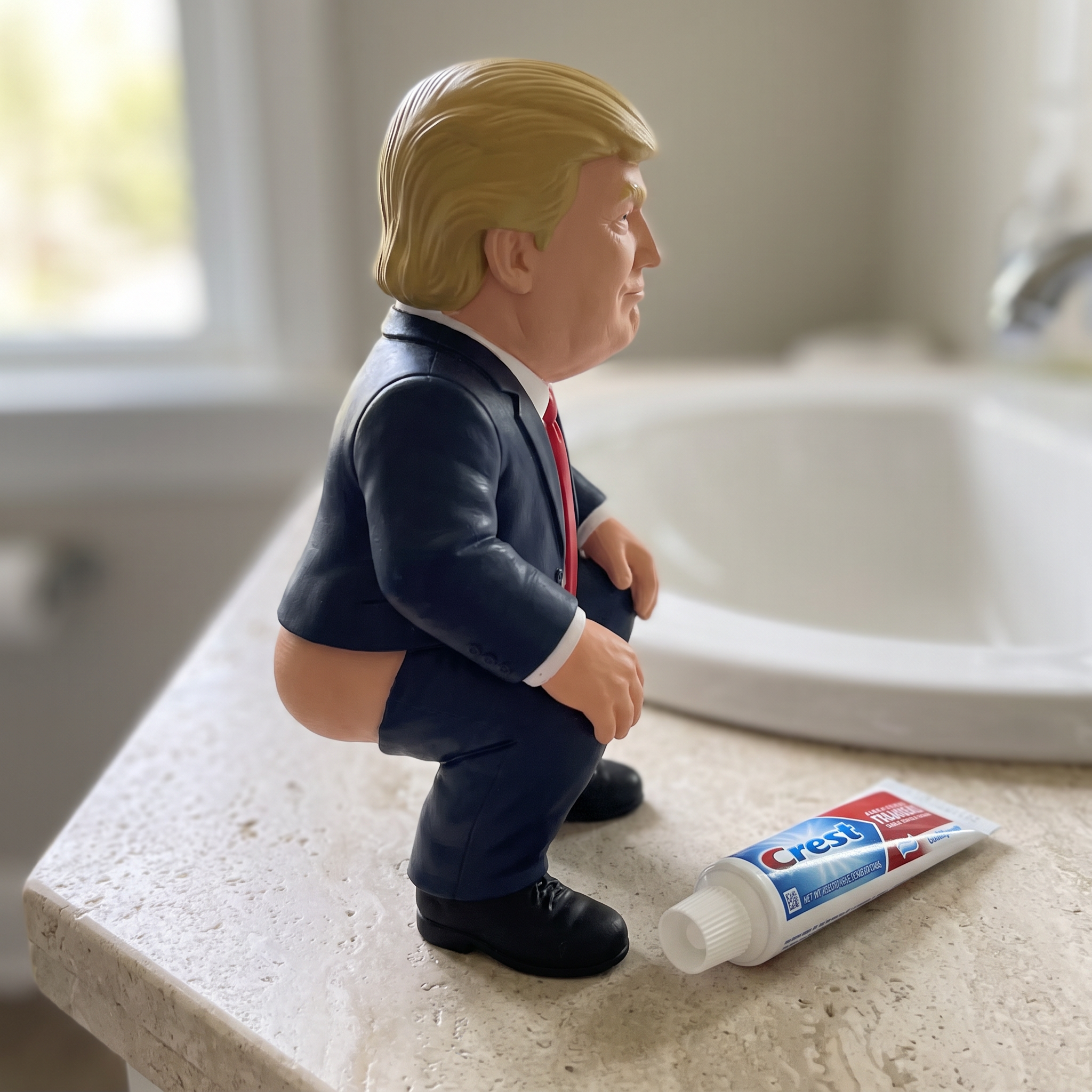 Side profile of the Cheeky Commander figurine in a bathroom setting